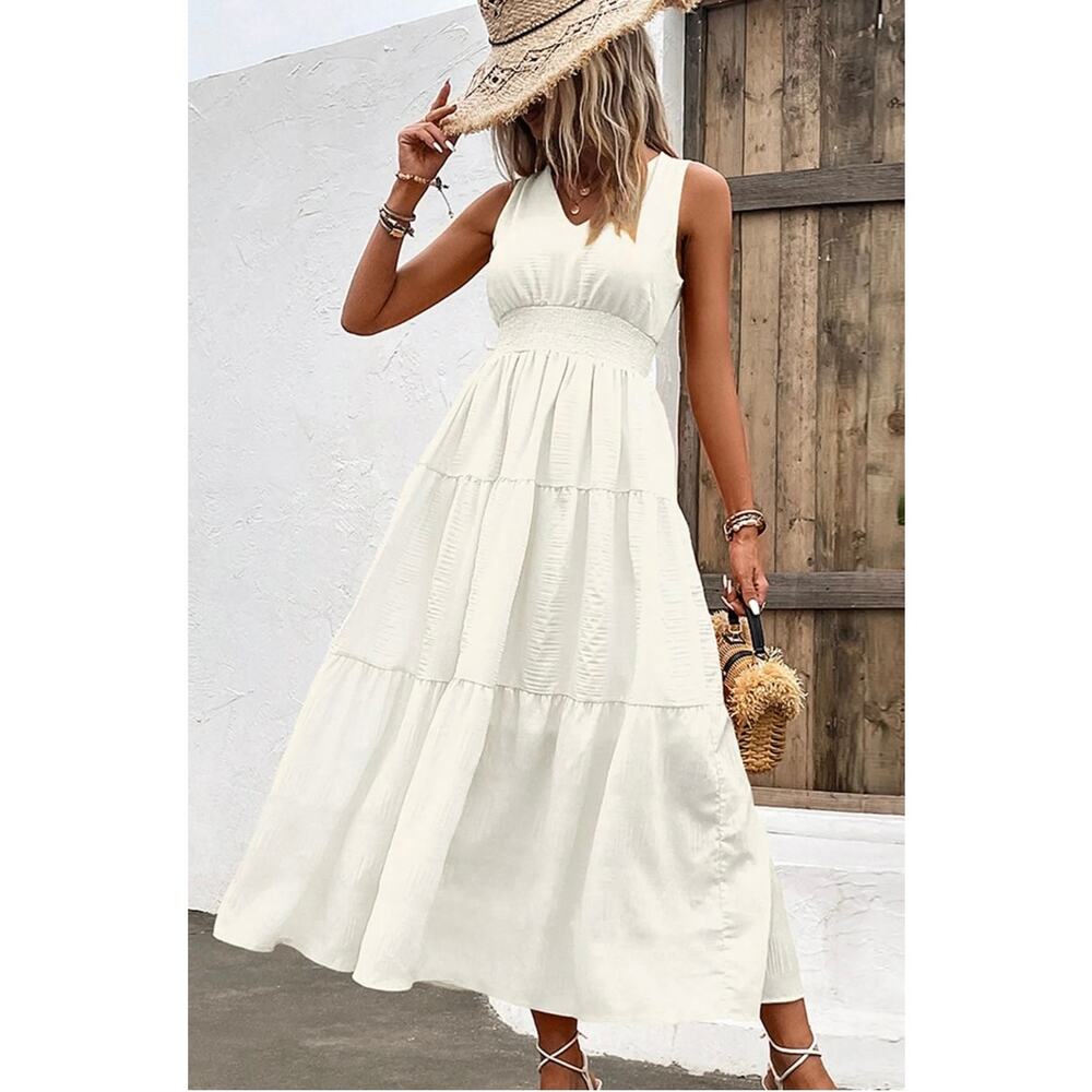 Women's White Tiered Maxi Dress - V-Neck Sundress